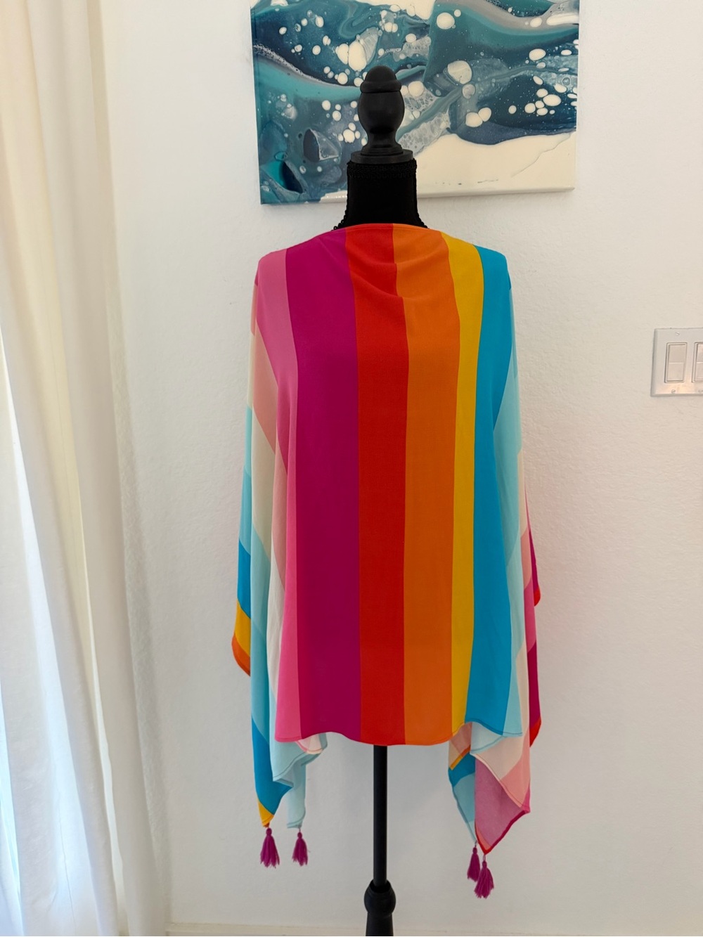 Trina Turk Bright Multistripe Tassel Poncho — Pink, Orange, Yellow, Blue